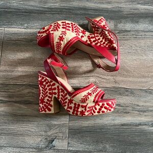 Red and cream embroidered platform peep toe Aldo sandals